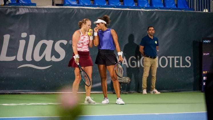 September 14, 2024, Monastir, Monastir Governorate, Tunisia: Monastir, Tunisia, 14 September 2024. Mayar Sherif of Egypt and Anna Blinkova of Russia play against Anastasia Zakharova of Russia and Alina Korneeva of Russia in the Women s Doubles Final match of the Jasmin Open tennis tournament in Monastir, Tunisia. The women s professional tennis tournament has been taking place at the Magic Hotel Skanes in Monastir between 9 and 15 September 2024 Monastir Tunisia - ZUMAd99_ 0762659782st Copyright: xHasanxMradx