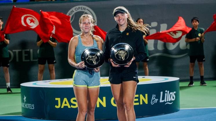 September 14, 2024, Monastir, Monastir Governorate, Tunisia: Monastir, Tunisia, 14 September 2024. Anastasia Zakharova of Russia and Alina Korneeva of Russia receive their second place trophy at the end of the Women s Doubles Final match at the Jasmin Open. The women s professional tennis tournament has been taking place at the Magic Hotel Skanes in Monastir between 9 and 15 September 2024 in Monastir, Tunisia Monastir Tunisia - ZUMAd99_ 0762659785st Copyright: xHasanxMradx