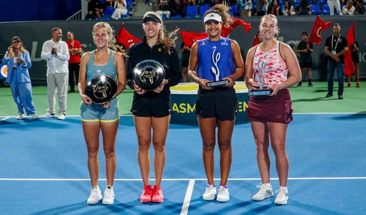 September 14, 2024, Monastir, Monastir Governorate, Tunisia: Monastir, Tunisia, 14 September 2024. Mayar Sherif of Egypt, Anna Blinkova of Russia, Anastasia Zakharova of Russia, and Alina Korneeva of Russia receive their trophies after the Women s Doubles Final match at the Jasmin Open. The women s professional tennis tournament has been taking place at the Magic Hotel Skanes in Monastir between 9 and 15 September 2024 in Monastir, Tunisia Monastir Tunisia - ZUMAd99_ 0762659789st Copyright: xHasanxMradx