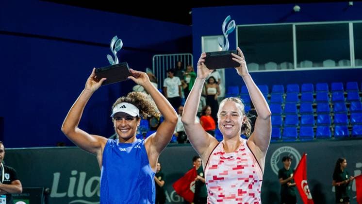 September 14, 2024, Monastir, Monastir Governorate, Tunisia: Monastir, Tunisia, 14 September 2024. Mayar Sherif of Egypt and Anna Blinkova of Russia receive their trophies after winning against Anastasia Zakharova of Russia and Alina Korneeva of Russia in the Women s Doubles Final match of the Jasmin Open. The women s professional tennis tournament has been taking place at the Magic Hotel Skanes in Monastir between 9 and 15 September 2024 in Monastir, Tunisia Monastir Tunisia - ZUMAd99_ 0762659796st Copyright: xHasanxMradx