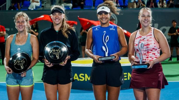 September 14, 2024, Monastir, Monastir Governorate, Tunisia: Monastir, Tunisia, 14 September 2024. Mayar Sherif of Egypt, Anna Blinkova of Russia, Anastasia Zakharova of Russia, and Alina Korneeva of Russia receive their trophies after the Women s Doubles Final match at the Jasmin Open. The women s professional tennis tournament has been taking place at the Magic Hotel Skanes in Monastir between 9 and 15 September 2024 in Monastir, Tunisia Monastir Tunisia - ZUMAd99_ 0762659860st Copyright: xHasanxMradx