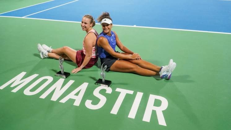 September 14, 2024, Monastir, Monastir Governorate, Tunisia: Monastir, Tunisia, 14 September 2024. Mayar Sherif of Egypt and Anna Blinkova of Russia receive their trophies after winning against Anastasia Zakharova of Russia and Alina Korneeva of Russia in the Women s Doubles Final match of the Jasmin Open. The women s professional tennis tournament has been taking place at the Magic Hotel Skanes in Monastir between 9 and 15 September 2024 in Monastir, Tunisia Monastir Tunisia - ZUMAd99_ 0762659981st Copyright: xHasanxMradx