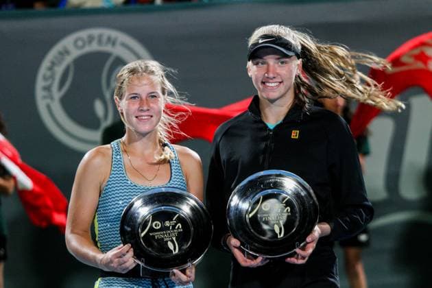 September 14, 2024, Monastir, Monastir Governorate, Tunisia: Monastir, Tunisia, 14 September 2024. Anastasia Zakharova of Russia and Alina Korneeva of Russia receive their second place trophy at the end of the Women s Doubles Final match at the Jasmin Open. The women s professional tennis tournament has been taking place at the Magic Hotel Skanes in Monastir between 9 and 15 September 2024 in Monastir, Tunisia Monastir Tunisia - ZUMAd99_ 0762662465st Copyright: xHasanxMradx