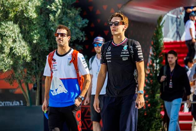 15th September 2024; Baku City Circuit, Baku, Azerbaijan; Formula 1 Azerbaijan Grand Prix 2024; Race Day; Daniel Ricciardo, George Russell arrives at the circuit for the race  ActionPlus12692998 StephenxBlackberry
