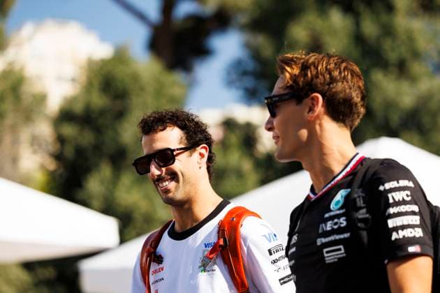 15th September 2024; Baku City Circuit, Baku, Azerbaijan; Formula 1 Azerbaijan Grand Prix 2024; Race Day; Daniel Ricciardo, George Russell arrives at the circuit for the race  ActionPlus12693002 StephenxBlackberry