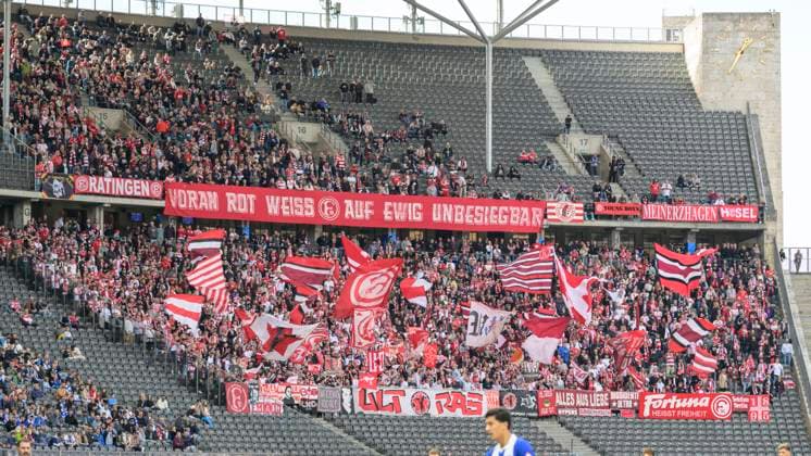 GER, Berlin, Fußball, Hertha BSC vs Fortuna Duesseldorf, 2 Bundesliga, Olympiastadion, 15 09 2024, Fanblock der Fortuna, dfl dfb regulations prohibit any use of photographs as image sequences and or quasi video, Copyright: HMBxMedia UwexKoch