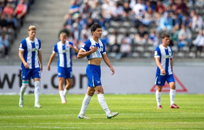 Football, Men, Season 2024 2025, 2 Bundesliga 5 Matchday , Hertha BSC Fortuna Düsseldorf, v l Ibrahim Maza Hertha BSC , Disappointment after conceding 0 1, 15 09 2024, Copyright: xSebastianxRäppold MatthiasxKochx