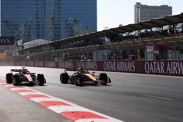 16 LECLERC Charles (mco), Scuderia Ferrari SF-24, action, 81 PIASTRI Oscar (aus), McLaren F1 Team MCL38, action during the Formula 1 Azerbaijan Grand Prix 2024, 17th round of the 2024 Formula One World Championship, WM, Weltmeisterschaft from September 13 to 15, 2024 on the Baku City Circuit, in Baku, Azerbaijan - F1 - AZERBAIJAN GRAND PRIX 2024 DPPI Panoramic  240915_R17_AZERBAIJAN_DP_EA011853