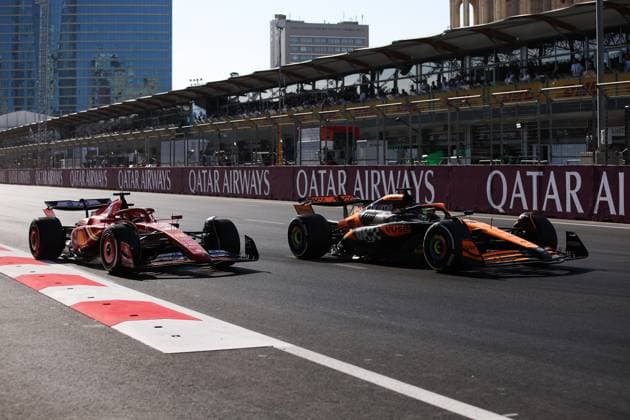 16 LECLERC Charles (mco), Scuderia Ferrari SF-24, action, 81 PIASTRI Oscar (aus), McLaren F1 Team MCL38, action during the Formula 1 Azerbaijan Grand Prix 2024, 17th round of the 2024 Formula One World Championship, WM, Weltmeisterschaft from September 13 to 15, 2024 on the Baku City Circuit, in Baku, Azerbaijan - F1 - AZERBAIJAN GRAND PRIX 2024 DPPI Panoramic  240915_R17_AZERBAIJAN_DP_EA011864