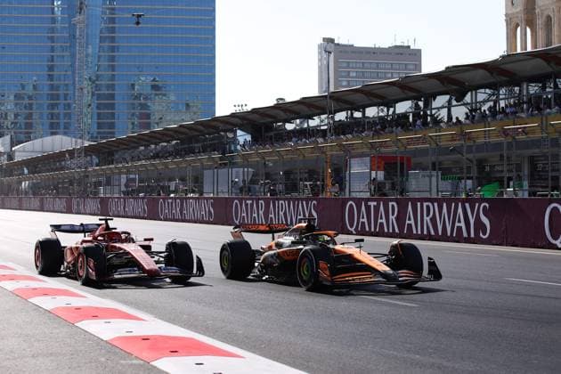 16 LECLERC Charles (mco), Scuderia Ferrari SF-24, action, 81 PIASTRI Oscar (aus), McLaren F1 Team MCL38, action during the Formula 1 Azerbaijan Grand Prix 2024, 17th round of the 2024 Formula One World Championship, WM, Weltmeisterschaft from September 13 to 15, 2024 on the Baku City Circuit, in Baku, Azerbaijan - F1 - AZERBAIJAN GRAND PRIX 2024 DPPI Panoramic  240915_R17_AZERBAIJAN_DP_EA011993