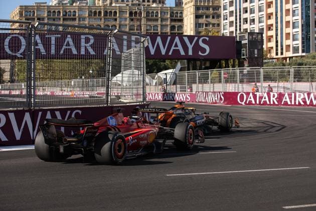 16 LECLERC Charles (mco), Scuderia Ferrari SF-24, action, 81 PIASTRI Oscar (aus), McLaren F1 Team MCL38, action during the Formula 1 Azerbaijan Grand Prix 2024, 17th round of the 2024 Formula One World Championship, WM, Weltmeisterschaft from September 13 to 15, 2024 on the Baku City Circuit, in Baku, Azerbaijan - F1 - AZERBAIJAN GRAND PRIX 2024 DPPI Panoramic  240915_R17_AZERBAIJAN_DP_EA012145