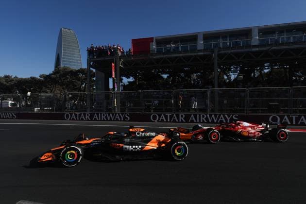 81 PIASTRI Oscar (aus), McLaren F1 Team MCL38, action, 16 LECLERC Charles (mco), Scuderia Ferrari SF-24, action during the Formula 1 Azerbaijan Grand Prix 2024, 17th round of the 2024 Formula One World Championship, WM, Weltmeisterschaft from September 13 to 15, 2024 on the Baku City Circuit, in Baku, Azerbaijan - F1 - AZERBAIJAN GRAND PRIX 2024 DPPI Panoramic  240915_R17_AZERBAIJAN_DP_0I7A0670