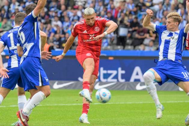 GER, Berlin, Fußball, Hertha BSC vs Fortuna Duesseldorf, 2 Bundesliga, Olympiastadion, 15 09 2024, schiesst Tor zum 0 2, Nicolas Gavory F95 Duesseldorf 34 , dfl dfb regulations prohibit any use of photographs as image sequences and or quasi video, Copyright: HMBxMedia UwexKoch
