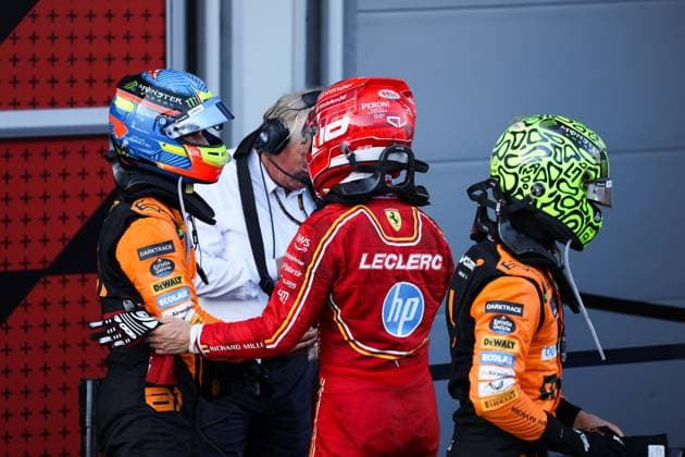 PIASTRI Oscar (aus), McLaren F1 Team MCL38, portrait, LECLERC Charles (mco), Scuderia Ferrari SF-24, portrait, NORRIS Lando (gbr), McLaren F1 Team MCL38, portrait during the Formula 1 Azerbaijan Grand Prix 2024, 17th round of the 2024 Formula One World Championship, WM, Weltmeisterschaft from September 13 to 15, 2024 on the Baku City Circuit, in Baku, Azerbaijan - F1 - AZERBAIJAN GRAND PRIX 2024 DPPI Panoramic  240915_R17_AZERBAIJAN_DP_0I7A0883