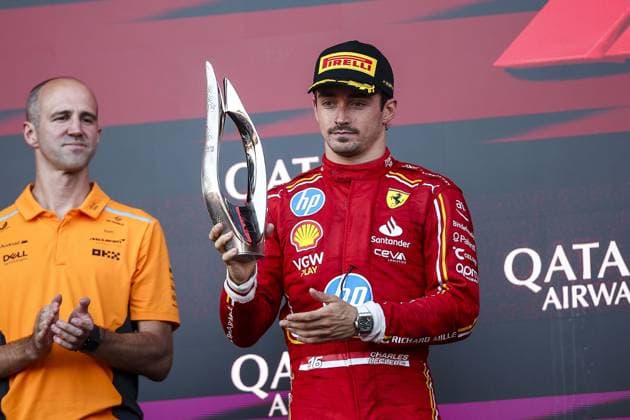 LECLERC Charles (mco), Scuderia Ferrari SF-24, portrait podium celebration during the Formula 1 Azerbaijan Grand Prix 2024, 17th round of the 2024 Formula One World Championship, WM, Weltmeisterschaft from September 13 to 15, 2024 on the Baku City Circuit, in Baku, Azerbaijan - F1 - AZERBAIJAN GRAND PRIX 2024 DPPI Panoramic  240915_R17_AZERBAIJAN_DP_EA029200