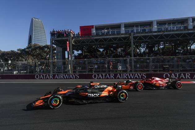 81 PIASTRI Oscar (aus), McLaren F1 Team MCL38, action 16 LECLERC Charles (mco), Scuderia Ferrari SF-24, action during the Formula 1 Azerbaijan Grand Prix 2024, 17th round of the 2024 Formula One World Championship, WM, Weltmeisterschaft from September 13 to 15, 2024 on the Baku City Circuit, in Baku, Azerbaijan - F1 - AZERBAIJAN GRAND PRIX 2024 DPPI Panoramic  240915_R17_AZERBAIJAN_0I7A0669