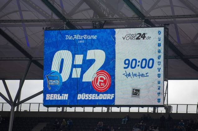 Soccer, Men, Season 2024 2025, 2 Bundesliga 5 Matchday , Hertha BSC Fortuna Düsseldorf, Scoreboard with 0 2 Final Score, 15 09 2024, Copyright: xSebastianxRäppold MatthiasxKochx