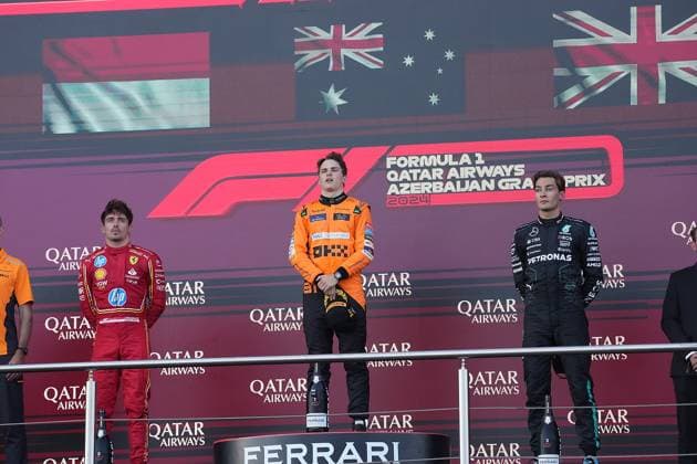 15 09 2024, Baku City Circuit , Baku, FORMULA 1 QATAR AIRWAYS AZERBAIJAN GRAND PRIX 2024 ,in the picture winner Oscar Piastri AUS , McLaren F1 Team, 2nd place for Charles Leclerc MCO , Scuderia Ferrari HP, 3rd place for George Russell GBR , Mercedes AMG Petronas Formula One Team Defodi 506 20240915 hbr 2311 Defodi-506