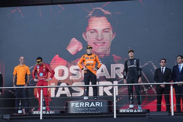 FORMULA 1 QATAR AIRWAYS AZERBAIJAN GRAND PRIX 2024 15 09 2024, Baku City Circuit , Baku, FORMULA 1 QATAR AIRWAYS AZERBAIJAN GRAND PRIX 2024 ,in the picture winner Oscar Piastri AUS , McLaren F1 Team, 2nd place for Charles Leclerc MCO , Scuderia Ferrari HP, 3rd place for George Russell GBR , Mercedes AMG Petronas Formula One Team nordphotoxGmbHx xBratic nph00250