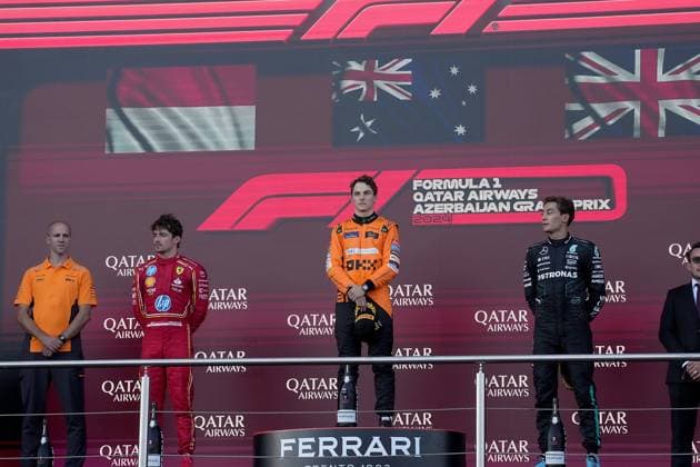 FORMULA 1 QATAR AIRWAYS AZERBAIJAN GRAND PRIX 2024 15 09 2024, Baku City Circuit , Baku, FORMULA 1 QATAR AIRWAYS AZERBAIJAN GRAND PRIX 2024 ,in the picture winner Oscar Piastri AUS , McLaren F1 Team, 2nd place for Charles Leclerc MCO , Scuderia Ferrari HP, 3rd place for George Russell GBR , Mercedes AMG Petronas Formula One Team nordphotoxGmbHx xBratic nph00250