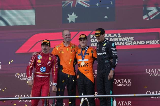 15 09 2024, Baku City Circuit , Baku, FORMULA 1 QATAR AIRWAYS AZERBAIJAN GRAND PRIX 2024 ,in the picture winner Oscar Piastri AUS , McLaren F1 Team, 2nd place for Charles Leclerc MCO , Scuderia Ferrari HP, 3rd place for George Russell GBR , Mercedes AMG Petronas Formula One Team, McLaren engineer Tom Stallard Defodi 506 20240915 hbr 2432 Defodi-506