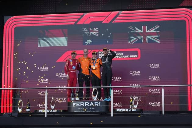 FORMULA 1 QATAR AIRWAYS AZERBAIJAN GRAND PRIX 2024 15 09 2024, Baku City Circuit , Baku, FORMULA 1 QATAR AIRWAYS AZERBAIJAN GRAND PRIX 2024 ,in the picture winner Oscar Piastri AUS , McLaren F1 Team, 2nd place for Charles Leclerc MCO , Scuderia Ferrari HP, 3rd place for George Russell GBR , Mercedes AMG Petronas Formula One Team, McLaren engineer Tom Stallard nordphotoxGmbHx xBratic nph00250