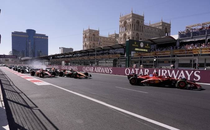 FORMULA 1 QATAR AIRWAYS AZERBAIJAN GRAND PRIX 2024 15 09 2024, Baku City Circuit , Baku, FORMULA 1 QATAR AIRWAYS AZERBAIJAN GRAND PRIX 2024 ,in picture Race start , Charles Leclerc MCO , Scuderia Ferrari HP, Oscar Piastri AUS , McLaren F1 Team, Sergio Perez MEX , Oracle Red Bull Racing, Carlos Sainz Jr ESP , George Russell GBR , Mercedes AMG Petronas Formula One Team, Max Verstappen NLD , Fernando Alonso ESP , Aston Martin Aramco Cognizant Formula One Team, Nico Hülkenberg DEU , MoneyGram Haas F1 Team nordphotoxGmbHx xBratic nph00250