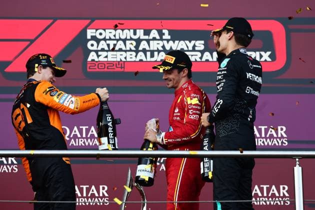 F1 Grand Prix Of Azerbaijan 2024 Oscar Piastri of McLaren, Charles Leclerc of Ferrari and George Russell of Mercedes after the Formula 1 Grand Prix of Azerbaijan at Baku City Circuit in Baku, Azerbaijan on September 15, 2024. Baku Azerbaijan  Copyright: xJakubxPorzyckix originalFilename:porzycki-f1grandp240915_np4VK.jpg