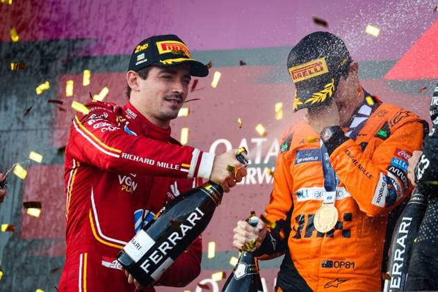 LECLERC Charles (mco), Scuderia Ferrari SF-24, PIASTRI Oscar (aus), McLaren F1 Team MCL38, portrait during the Formula 1 Azerbaijan Grand Prix 2024, 17th round of the 2024 Formula One World Championship, WM, Weltmeisterschaft from September 13 to 15, 2024 on the Baku City Circuit, in Baku, Azerbaijan - F1 - AZERBAIJAN GRAND PRIX 2024 DPPI Panoramic 240915_R17_AZERBAIJAN_DP_FGDN1481