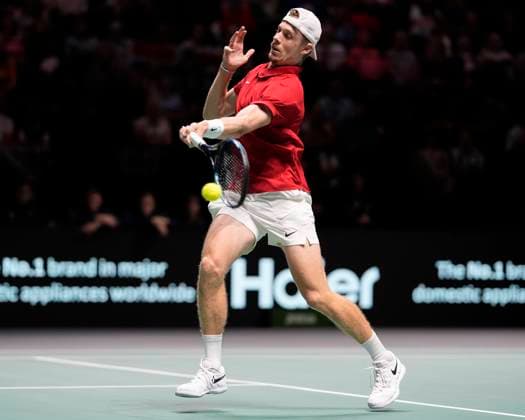 Tennis, Davis Cup, GroÃŸbritannien - Kanada 15th September 2024; AO Arena, Manchester, England; Davis Cup Finals, Group Stage, Group D Day 6; Denis Shapovalov of Canada plays a forehand shot  ActionPlus12693182 StevenxFlynn