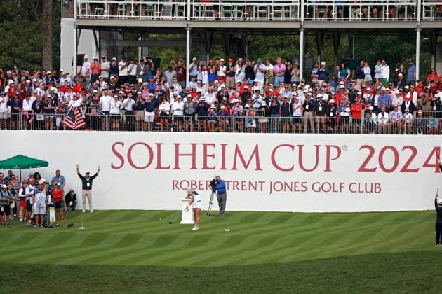 GAINESVILLE, VA - SEPTEMBER 15: Europe golfer Charley Hull plays her tee shot on the first hole during the Sunday Singles at the 2024 Solheim Cup on September 15, 2024, at the Robert Trent Jones Golf Club in Gainesville, Virginia. (Photo by Brian Spurlock Icon Sportswire) GOLF: SEP 15 Solheim Cup EDITORIAL USE ONLY Icon2409152