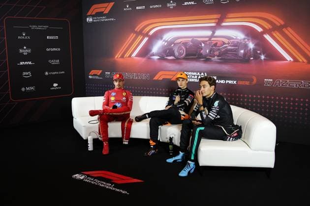 LECLERC Charles (mco), Scuderia Ferrari SF-24, portrait, PIASTRI Oscar (aus), McLaren F1 Team MCL38, portrait, RUSSELL George (gbr), Mercedes AMG F1 Team W15, portrait during the Formula 1 Azerbaijan Grand Prix 2024, 17th round of the 2024 Formula One World Championship, WM, Weltmeisterschaft from September 13 to 15, 2024 on the Baku City Circuit, in Baku, Azerbaijan - F1 - AZERBAIJAN GRAND PRIX 2024 DPPI Panoramic 240915_R17_AZERBAIJAN_DP_EA012671