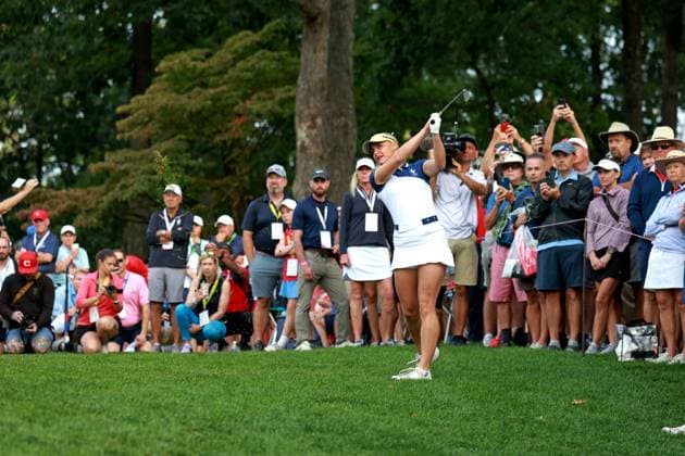 GAINESVILLE, VA - SEPTEMBER 15: Europe golfer Charley Hull plays her second shot out of the rough on the first hole during the Sunday Singles at the 2024 Solheim Cup on September 15, 2024, at the Robert Trent Jones Golf Club in Gainesville, Virginia. (Photo by Brian Spurlock Icon Sportswire) GOLF: SEP 15 Solheim Cup EDITORIAL USE ONLY Icon2409153