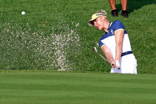 GAINESVILLE, VA - SEPTEMBER 15: Europe golfer Charley Hull hits out of a sand trap on the first hole during the Sunday Singles at the 2024 Solheim Cup on September 15, 2024, at the Robert Trent Jones Golf Club in Gainesville, Virginia. (Photo by Brian Spurlock Icon Sportswire) GOLF: SEP 15 Solheim Cup EDITORIAL USE ONLY Icon2409155