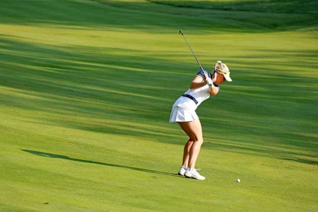 GAINESVILLE, VA - SEPTEMBER 15: Europe golfer Charley Hull plays her second shot on the second hole during the Sunday Singles at the 2024 Solheim Cup on September 15, 2024, at the Robert Trent Jones Golf Club in Gainesville, Virginia. (Photo by Brian Spurlock Icon Sportswire) GOLF: SEP 15 Solheim Cup EDITORIAL USE ONLY Icon2409156