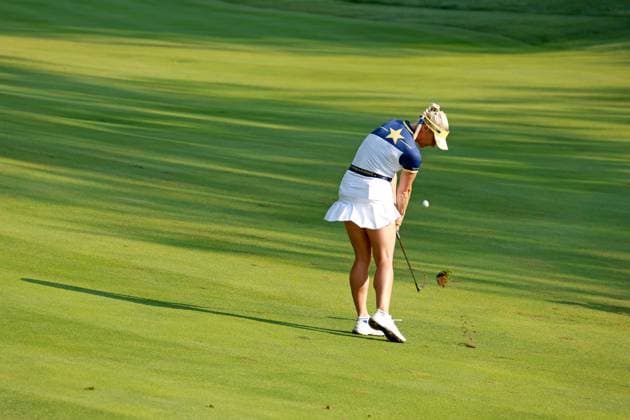 GAINESVILLE, VA - SEPTEMBER 15: Europe golfer Charley Hull plays her second shot on the second hole during the Sunday Singles at the 2024 Solheim Cup on September 15, 2024, at the Robert Trent Jones Golf Club in Gainesville, Virginia. (Photo by Brian Spurlock Icon Sportswire) GOLF: SEP 15 Solheim Cup EDITORIAL USE ONLY Icon2409157