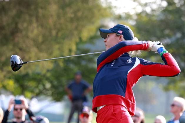 GAINESVILLE, VA - SEPTEMBER 15: USA golfer Nelly Korda plays her tee shot on the 2nd hole during the Sunday Singles at the 2024 Solheim Cup on September 15, 2024, at the Robert Trent Jones Golf Club in Gainesville, Virginia. (Photo by Brian Spurlock Icon Sportswire) GOLF: SEP 15 Solheim Cup EDITORIAL USE ONLY Icon24091511