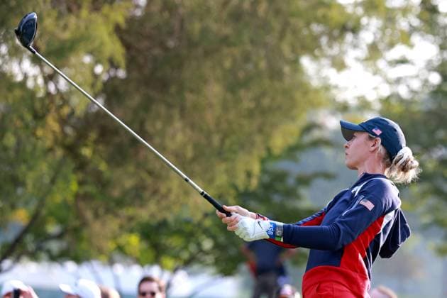 GAINESVILLE, VA - SEPTEMBER 15: USA golfer Nelly Korda plays her tee shot on the 2nd hole during the Sunday Singles at the 2024 Solheim Cup on September 15, 2024, at the Robert Trent Jones Golf Club in Gainesville, Virginia. (Photo by Brian Spurlock Icon Sportswire) GOLF: SEP 15 Solheim Cup EDITORIAL USE ONLY Icon24091512