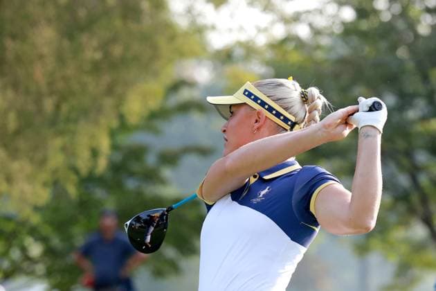 GAINESVILLE, VA - SEPTEMBER 15: Europe golfer Charley Hull plays her tee shot on the 2nd hole during the Sunday Singles at the 2024 Solheim Cup on September 15, 2024, at the Robert Trent Jones Golf Club in Gainesville, Virginia. (Photo by Brian Spurlock Icon Sportswire) GOLF: SEP 15 Solheim Cup EDITORIAL USE ONLY Icon24091513