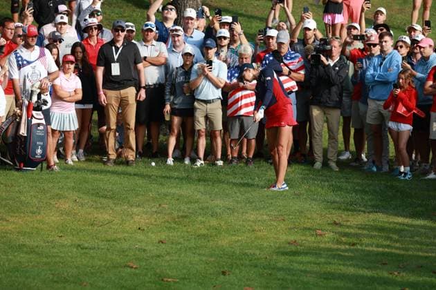 GAINESVILLE, VA - SEPTEMBER 15: USA golfer Nelly Korda plays her second shot out of the rough on the first hole during the Sunday Singles at the 2024 Solheim Cup on September 15, 2024, at the Robert Trent Jones Golf Club in Gainesville, Virginia. (Photo by Brian Spurlock Icon Sportswire) GOLF: SEP 15 Solheim Cup EDITORIAL USE ONLY Icon2409158