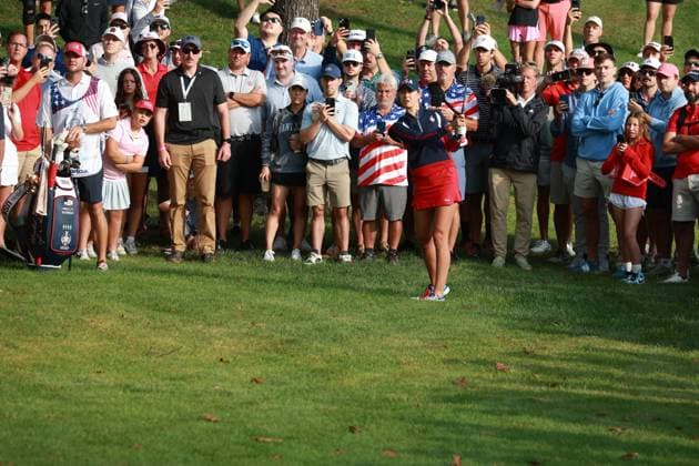 GAINESVILLE, VA - SEPTEMBER 15: USA golfer Nelly Korda plays her second shot out of the rough on the first hole during the Sunday Singles at the 2024 Solheim Cup on September 15, 2024, at the Robert Trent Jones Golf Club in Gainesville, Virginia. (Photo by Brian Spurlock Icon Sportswire) GOLF: SEP 15 Solheim Cup EDITORIAL USE ONLY Icon2409159