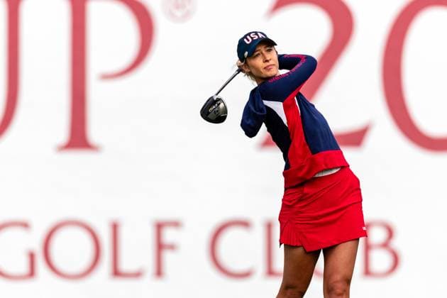 September 15, 2024, Gainesville, Va, USA: Team USA s NELLY KORDA tees off on the first hole during the singles matches on day three of the 2024 Solheim Cup. Gainesville USA - ZUMAb237 20240915_znp_b237_006 Copyright: xRobertxBlakleyx
