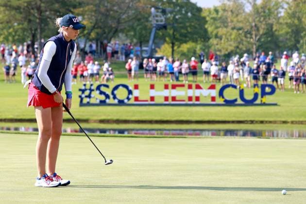 GAINESVILLE, VA - SEPTEMBER 15: USA golfer Nelly Korda putts on the 3rd hole during the Sunday Singles at the 2024 Solheim Cup on September 15, 2024, at the Robert Trent Jones Golf Club in Gainesville, Virginia. (Photo by Brian Spurlock Icon Sportswire) GOLF: SEP 15 Solheim Cup EDITORIAL USE ONLY Icon24091516