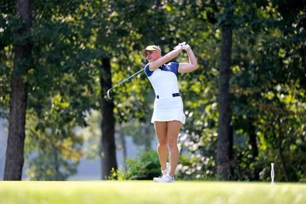 GAINESVILLE, VA - SEPTEMBER 15: USA golfer Charley Hull plays her tee shot on the 4th hole during the Sunday Singles at the 2024 Solheim Cup on September 15, 2024, at the Robert Trent Jones Golf Club in Gainesville, Virginia. (Photo by Brian Spurlock Icon Sportswire) GOLF: SEP 15 Solheim Cup EDITORIAL USE ONLY Icon24091518