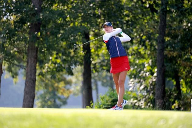 GAINESVILLE, VA - SEPTEMBER 15: USA golfer Nelly Korda plays her tee shot on the 4th hole during the Sunday Singles at the 2024 Solheim Cup on September 15, 2024, at the Robert Trent Jones Golf Club in Gainesville, Virginia. (Photo by Brian Spurlock Icon Sportswire) GOLF: SEP 15 Solheim Cup EDITORIAL USE ONLY Icon24091520