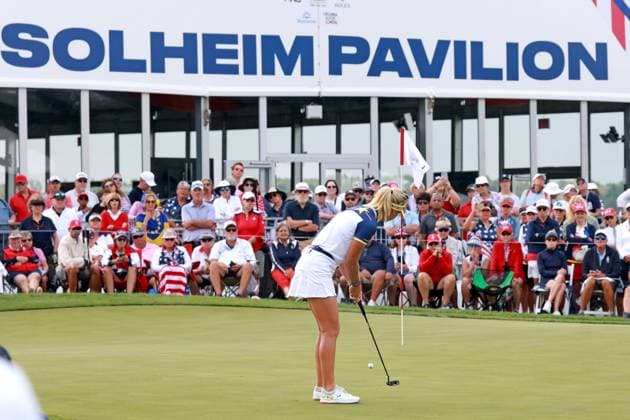 GAINESVILLE, VA - SEPTEMBER 15: Team Europe golfer Anna Nordqvist putts on the 3rd hole during the Sunday Singles at the 2024 Solheim Cup on September 15, 2024, at the Robert Trent Jones Golf Club in Gainesville, Virginia. (Photo by Brian Spurlock Icon Sportswire) GOLF: SEP 15 Solheim Cup EDITORIAL USE ONLY Icon24091523