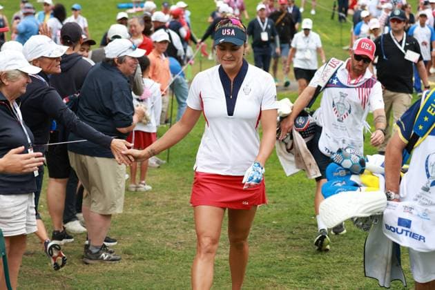 GAINESVILLE, VA - SEPTEMBER 15: Team USA golfer Lexi Thompson walks to the 3rd tee during the Sunday Singles at the 2024 Solheim Cup on September 15, 2024, at the Robert Trent Jones Golf Club in Gainesville, Virginia. (Photo by Brian Spurlock Icon Sportswire) GOLF: SEP 15 Solheim Cup EDITORIAL USE ONLY Icon24091532