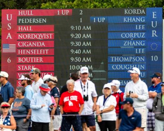 September 15, 2024, Gainesville, Virginia, USA: A scoreboard error incorrectly shows the European players as Team USA, and the USA players as Team Europe during the singles matches on day three of the 2024 Solheim Cup. Gainesville USA - ZUMAb237 20240915_znp_b237_021 Copyright: xRobertxBlakleyx