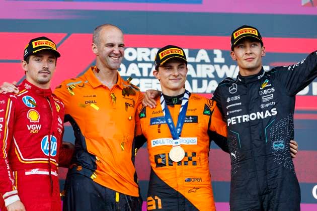 15th September 2024; Baku City Circuit, Baku, Azerbaijan; Formula 1 Azerbaijan Grand Prix 2024; Race Day; Charles Leclerc, Oscar Piastri, George Russell celebrates being on the podium after the race at the Azerbaijan Formula 1  ActionPlus12693401 StephenxBlackberry