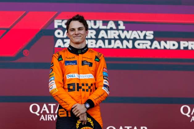 15th September 2024; Baku City Circuit, Baku, Azerbaijan; Formula 1 Azerbaijan Grand Prix 2024; Race Day; Number 81 McLaren driver Oscar Piastri celebrates winning the race at the Azerbaijan Formula 1  ActionPlus12693390 StephenxBlackberry